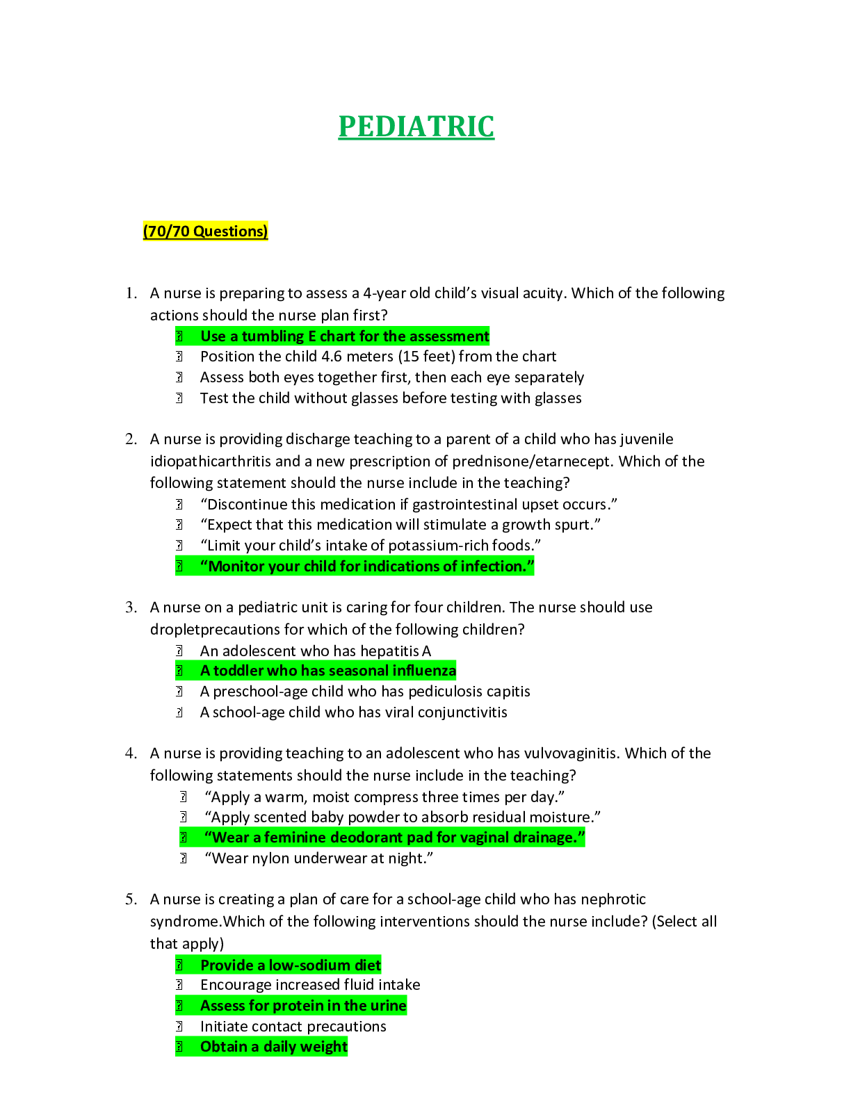 Preview of ATI PEDIATRIC Proctored Exam ( LATEST ) GRADED A
